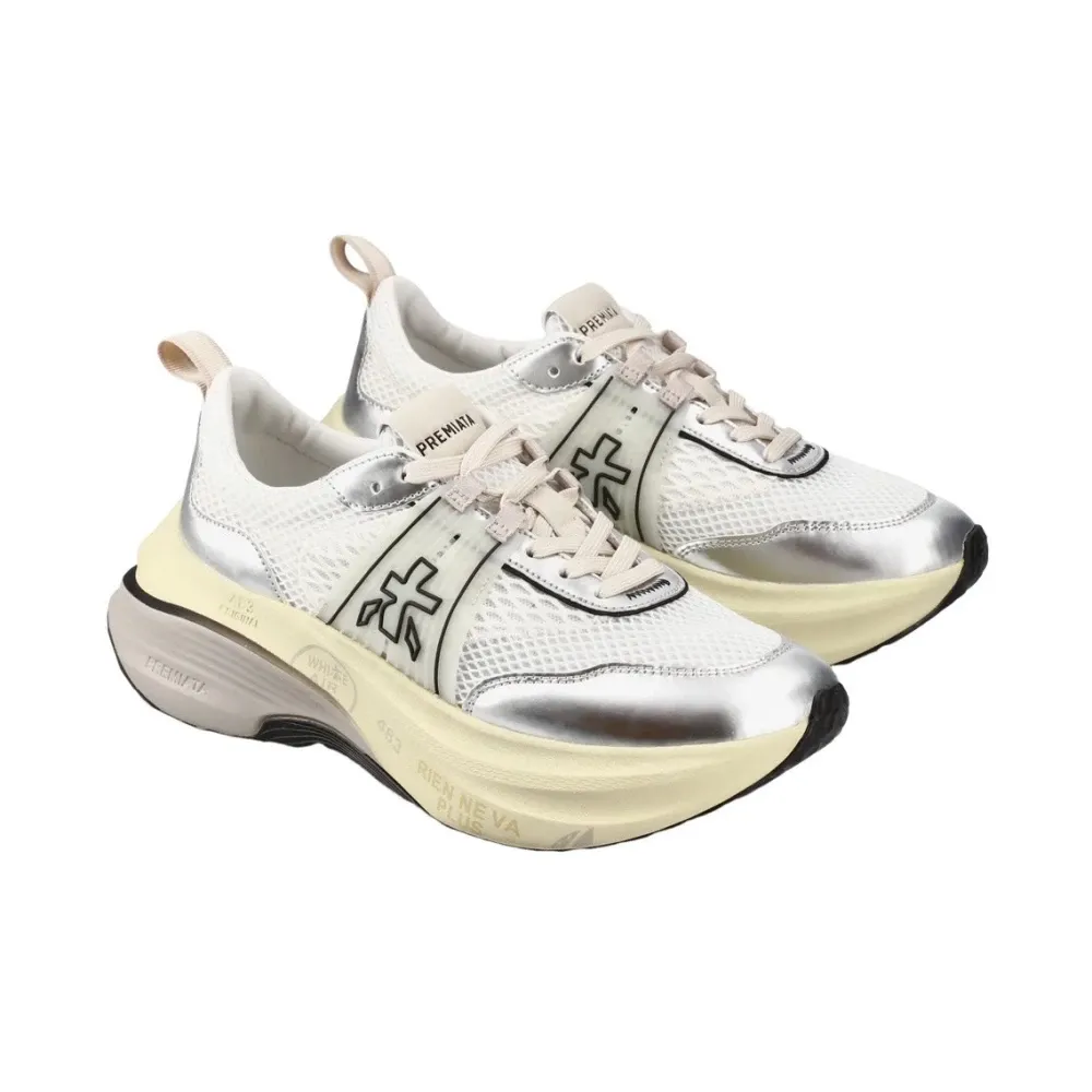 White Fabric Hill Sneakers with Silver Leather Details - Premiata - Modalova