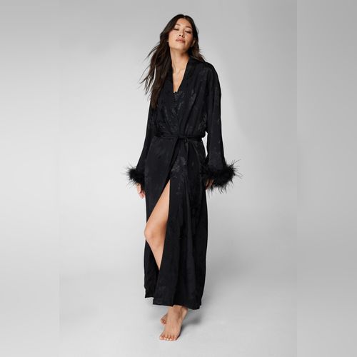 Black Satin Feather Short Robe – Midnight Mischief Sleepwear