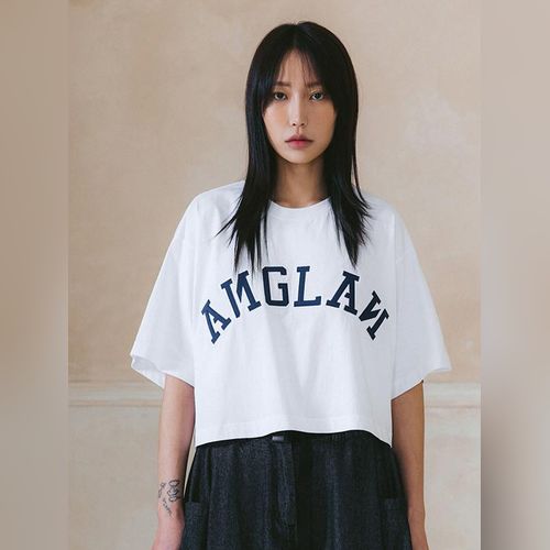 【ANGLAN】Linen Patchwork Half Tee Layered Essential Label Half Tee - White - ANGLAN | 60
